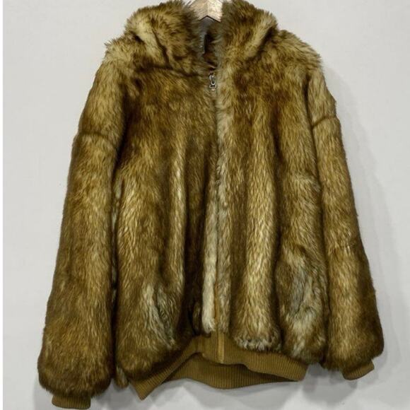 Ablanche Urban Fur Fitter XXL Men’s Brown Cream Faux Fur Hooded Full Zip Jacket - Picture 1 of 4